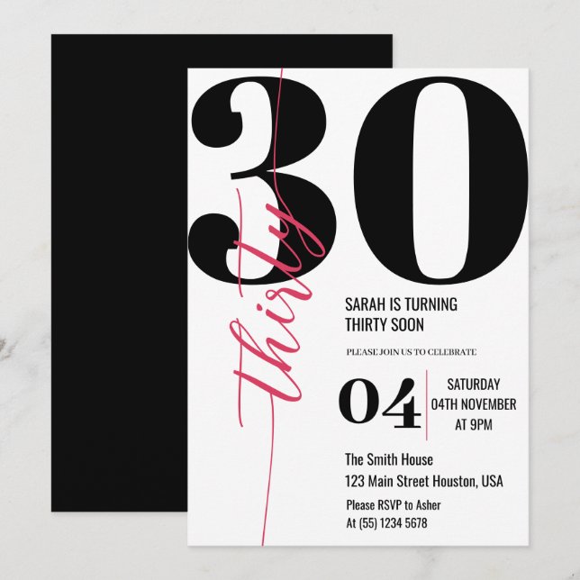 Moderne elegante Kalligraphie 30. Geburtstag Einladung (Vorne/Hinten)