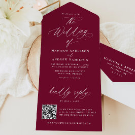 Moderne elegante Kalligraphie Burgundy Wedding All In One Einladung