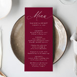 Moderne elegante Kalligraphie Burgundy Wedding Menükarte<br><div class="desc">Fügen Sie Ihrem Hochzeitsempfang eine Touch Eleganz hinzu, mit diesem atemberaubenden Hochzeitsmenü mit "Menu" in anmutiger weißer Kalligraphie auf einem weinroten Hintergrund. Dieses moderne und raffinierte Design eignet sich perfekt für Hochzeiten zu jeder Jahreszeit und eignet sich sowohl für feierliche als auch für lässige Feiern. Es ermöglicht Paaren, ihre Speisekarte...</div>