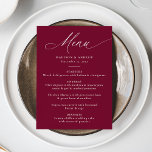 Moderne elegante Kalligraphie Burgundy Wedding Menükarte<br><div class="desc">Mit diesem eleganten Hochzeitsmenü mit "Menu" in raffinierter weißer Kalligrafie und einem reichhaltigen bordeauxfarbenen Hintergrund schaffen Sie ein unvergessliches kulinarisches Erlebnis. Dieses moderne, einfache und elegante Design ermöglicht es Paaren, die Speisekarte mit ihren Namen, dem Hochzeitstag und den Details der Mahlzeiten in fett weißer Schrift zu personalisieren. Ideal für feierliche...</div>