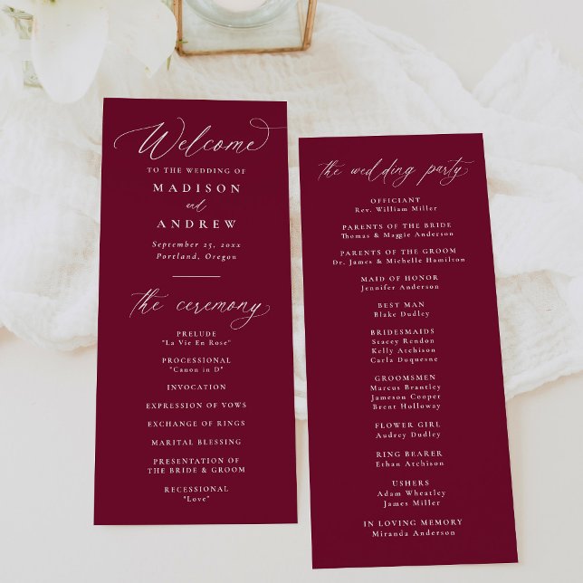 Moderne elegante Kalligraphie Burgundy Wedding Programm (Von Creator hochgeladen)