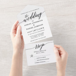 Moderne elegante Kalligraphie Hochzeit Schwarz-Wei All In One Einladung