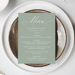 Moderne, elegante Kalligraphie-Szene Grüne Hochzei Menükarte<br><div class="desc">Fügen Sie Ihrem Hochzeitsempfang eine Touch Eleganz hinzu, mit diesem wunderschönen Hochzeitsmenü mit "Menu" in raffinierter weißer Kalligraphie auf einem ruhigen, grünen Hintergrund. Dieses moderne, einfache und elegante Design ermöglicht es Paaren, ihre Speisekarte mit ihren Namen, ihrem Hochzeitstag und ihren Essensdetails in fett weißer Schrift zu personalisieren. Dieses vielseitige Design...</div>