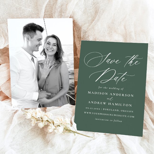 Moderne elegante kalligraphische Hochzeit des grün Save The Date (Von Creator hochgeladen)