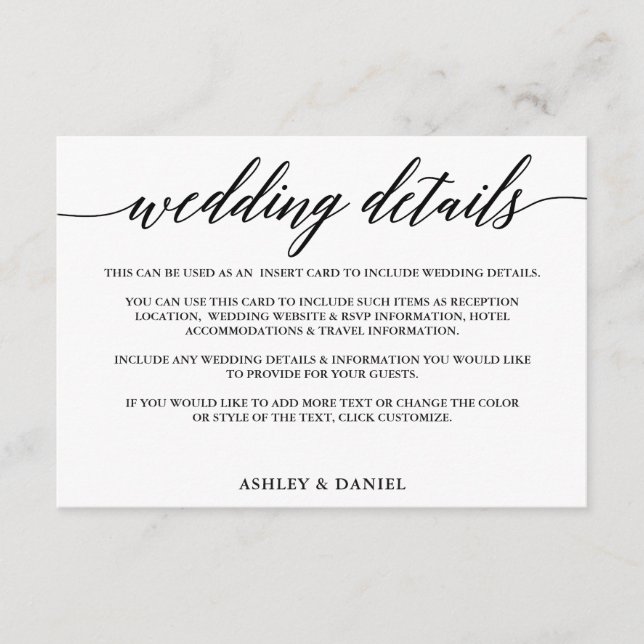Moderne elegante kalligraphische Hochzeitdetails Begleitkarte (Vorderseite)