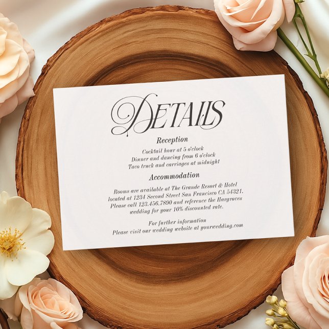 Moderne elegante kalligraphische Hochzeitdetails RSVP Karte (Von Creator hochgeladen)