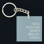 Moderne Elegante Kinder nennen Personalisierte Fam Schlüsselanhänger<br><div class="desc">Erstellen Sie Ihren eigenen personalisierten Schlüsselanhänger mit Familiennamen oder Kindernamen in eleganter Typografie auf blauem Hintergrund. Großartige Geschenkidee für Großmutter mit Enkelnamen.</div>
