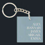 Moderne Elegante Kinder nennen Personalisierte Fam Schlüsselanhänger<br><div class="desc">Erstellen Sie Ihren eigenen personalisierten Schlüsselanhänger mit Familiennamen oder Kindernamen in eleganter Typografie auf blauem Hintergrund. Großartige Geschenkidee für Großmutter mit Enkelnamen.</div>