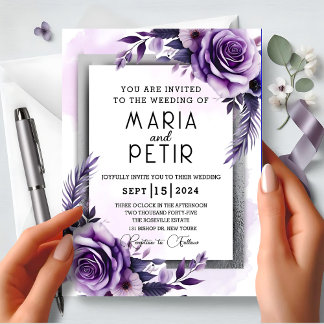 Moderne, elegante Lila und silberne Blumenhochzeit Einladung