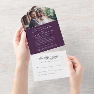 Moderne elegante lila violette Foto-RSVP-Hochzeit All In One Einladung