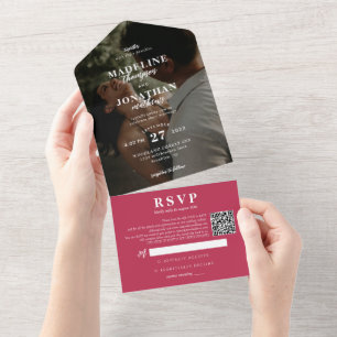 Moderne elegante Magenta-QR-Code-Hochzeit Foto  All In One Einladung