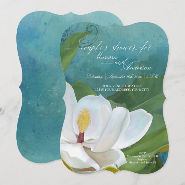 Moderne Elegante Magnolia Floral Blue Couples Dusc Einladung (Vorne/Hinten)