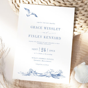 Moderne elegante Meer Hochzeit in Blau Einladung