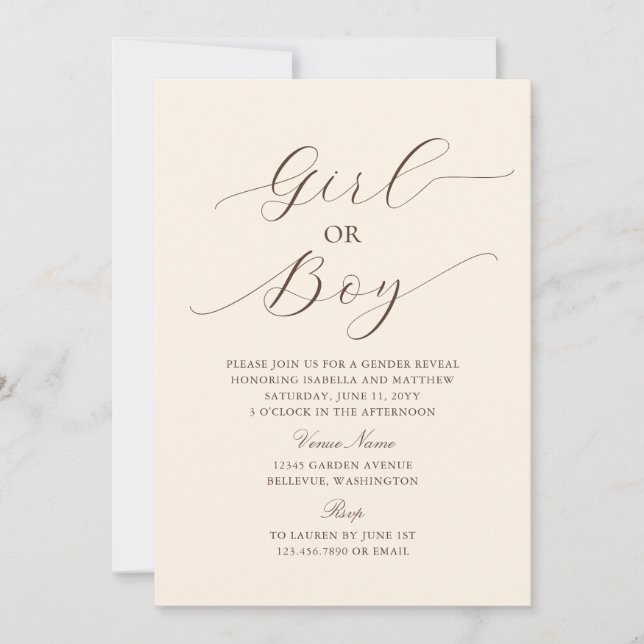 Moderne elegante Minimalistische Beige Baby Gender Einladung (Vorderseite)
