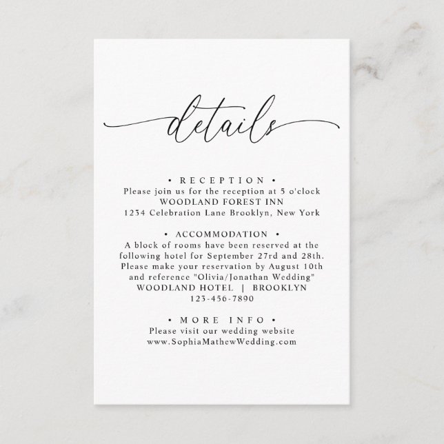 Moderne elegante Minimalistische Hochzeitdetails Begleitkarte (Vorderseite)