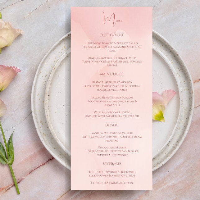 Moderne Elegante Minimalistische Rose Wasserfarben Menükarte (Von Creator hochgeladen)