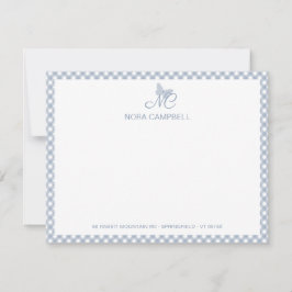 Moderne elegante Monogram Dusty Blue Gingham Karo Mitteilungskarte