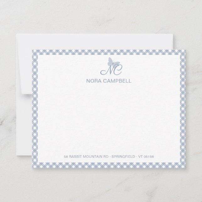 Moderne elegante Monogram Dusty Blue Gingham Karo Mitteilungskarte (Vorderseite)