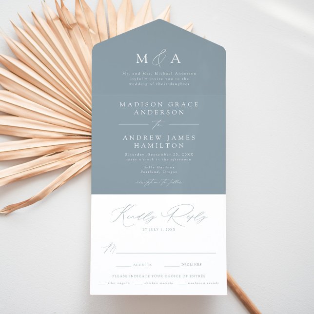 Moderne elegante Monogram Dusty Blue Wedding All In One Einladung (Von Creator hochgeladen)