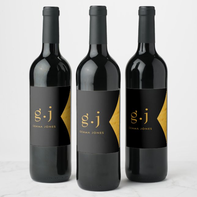 Moderne, elegante Monogram Gold Black Imitats Foil Weinetikett (Flaschen)