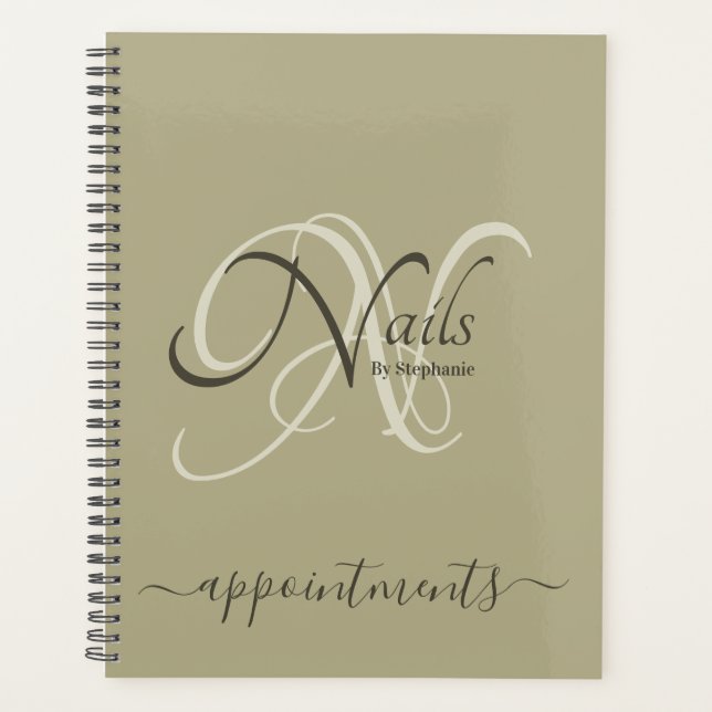 Moderne elegante Monogram Green Nail Artist Appt Planer (Vorderseite)