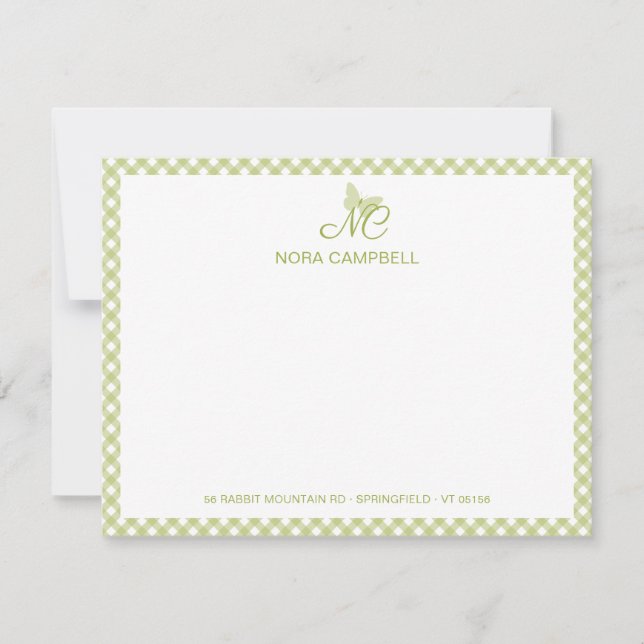 Moderne elegante Monogram Light Green Gingham Karo Mitteilungskarte (Vorderseite)