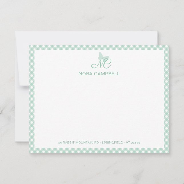 Moderne elegante Monogram Mint Green Gingham Karo Mitteilungskarte (Vorderseite)