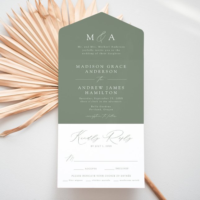 Moderne elegante Monogram Sage Green Wedding All In One Einladung (Von Creator hochgeladen)