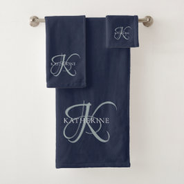 Moderne elegante Monogram Script Navy Blue Badhandtuch Set