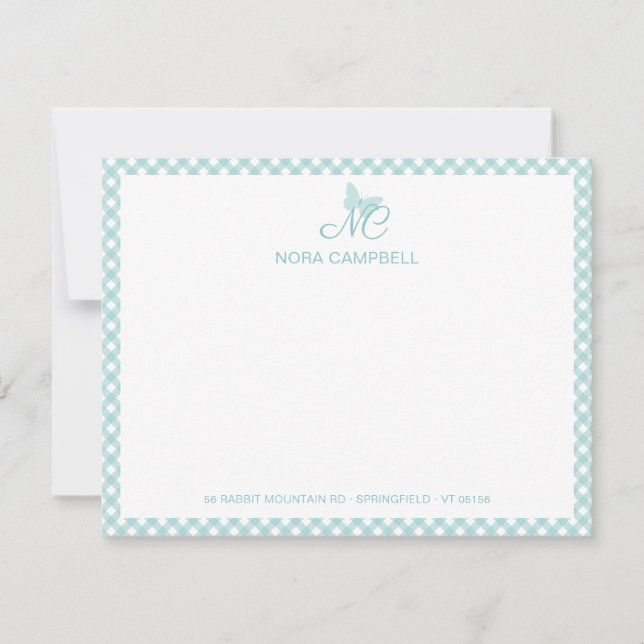 Moderne elegante Monogram Turquoise Gingham Karo Mitteilungskarte (Vorderseite)