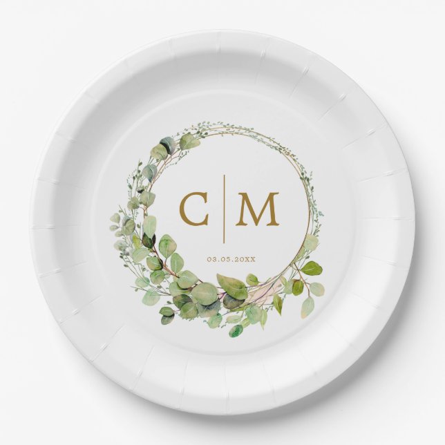 Moderne, elegante Monogramm, Eukalyptus-Hochzeit Pappteller (Vorderseite)