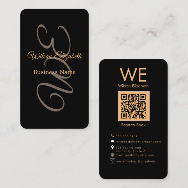 Moderne elegante monogrammierte schwarze  QR-Code Visitenkarte (Vorne/Hinten)