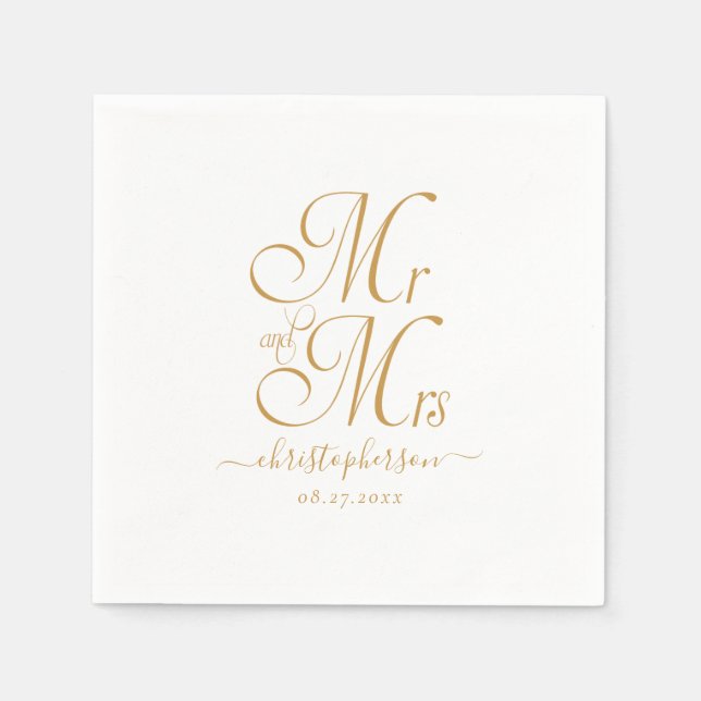 Moderne elegante Mr. and Mrs. Gold Script Wedding Serviette (Vorderseite)