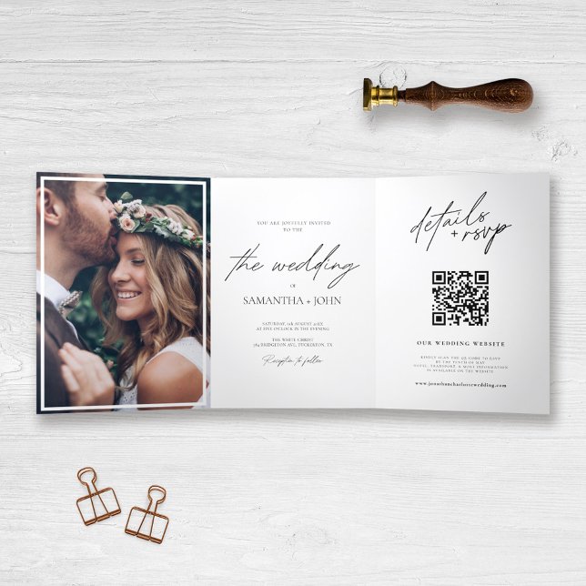 Moderne Elegante Multi-Foto QR Code Hochzeit Dreifach Gefaltete Einladung (Von Creator hochgeladen)