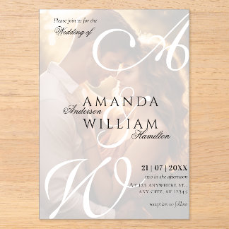 Moderne elegante Namen Schriftfoto-Hochzeit Acryleinladungen