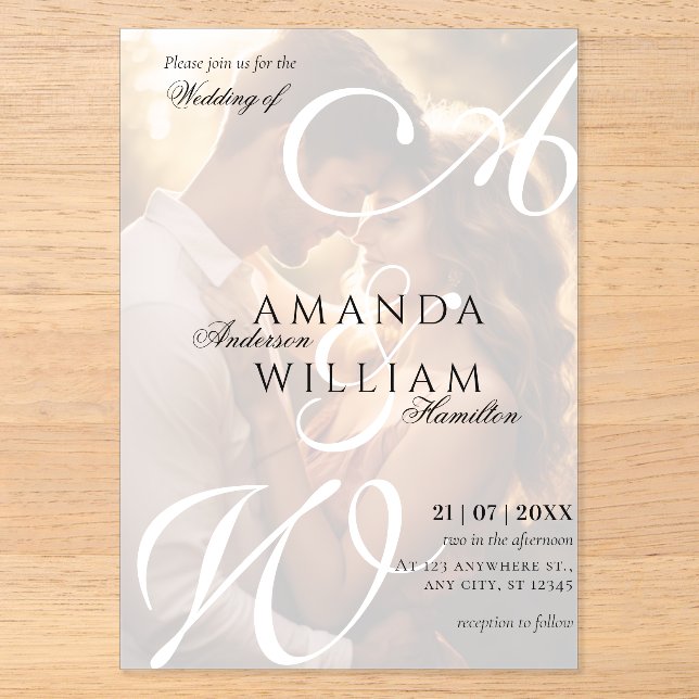 Moderne Elegante Names Script Foto Hochzeit Acryleinladungen (Vorderseite)