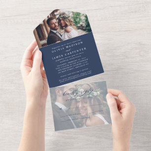 Moderne elegante Navy-Blau-2-Foto-RSVP-Hochzeit All In One Einladung