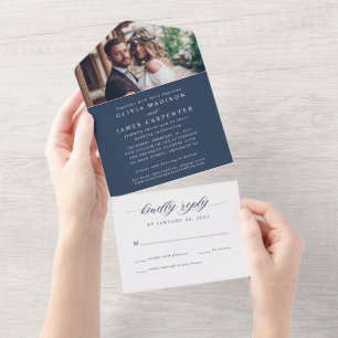 Moderne Elegante Navy Blue Foto UAWG Wedding All In One Einladung