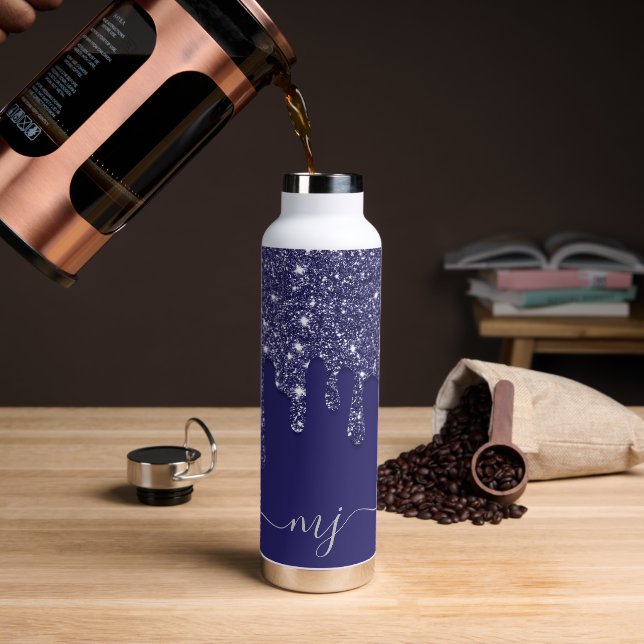 Moderne elegante Navy Blue Glitzer Dripping Initia Trinkflasche (Kaffee)