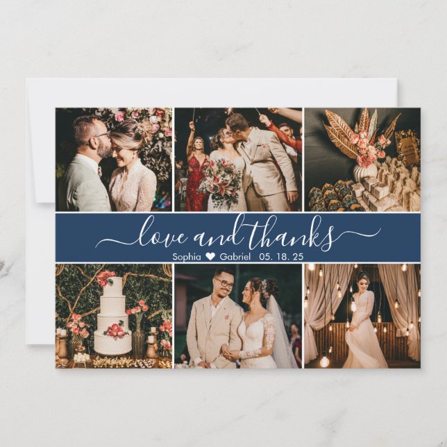 Moderne elegante Navy-Typografie 6 FotoCollage Dankeskarte (Vorderseite)