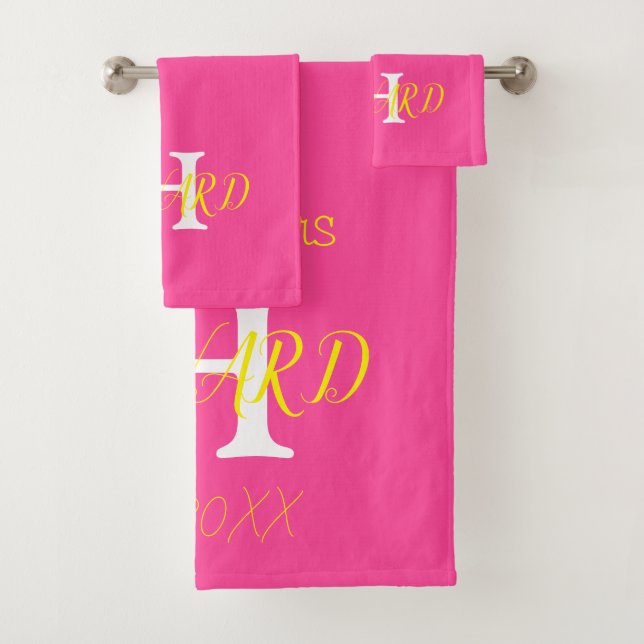 Moderne elegante Neon Hot Pink Yellow Wedding Badhandtuch Set (Insitu)