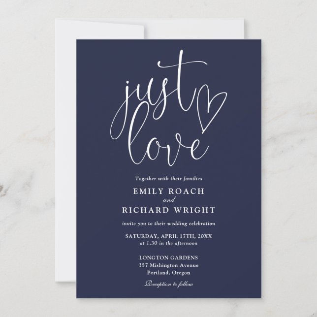 Moderne Elegante nur Liebe Script Navy Blue Weddin Einladung (Vorderseite)