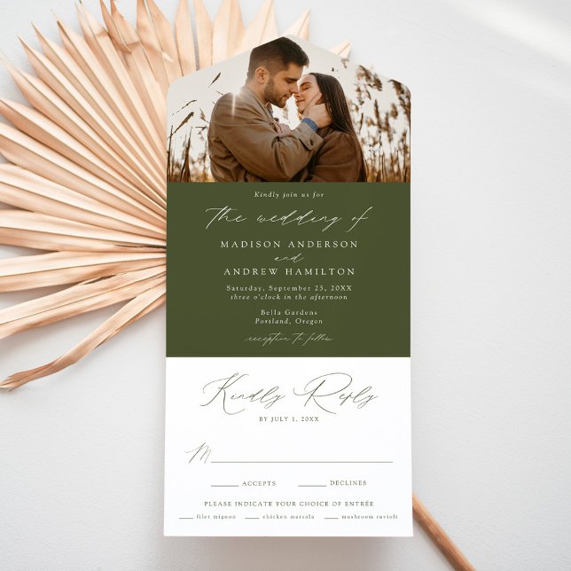 Moderne elegante Olive Green Foto Hochzeit All In One Einladung (Von Creator hochgeladen)