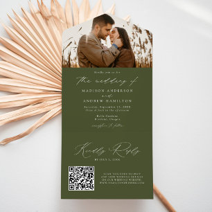 Moderne elegante Olive Green Foto Hochzeit All In One Einladung