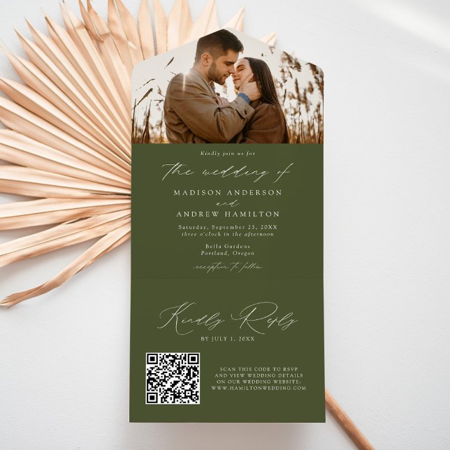 Moderne elegante Olive Green Foto Hochzeit All In One Einladung (Von Creator hochgeladen)