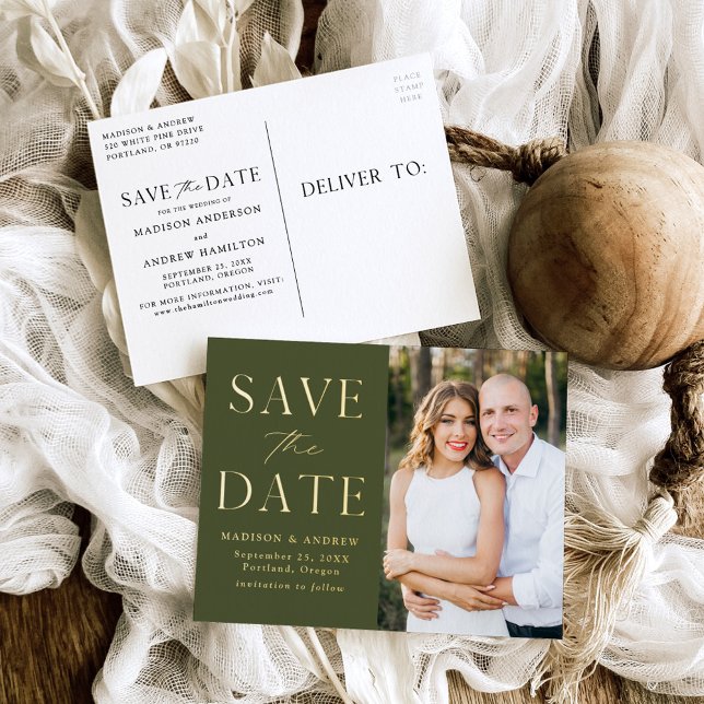 Moderne, elegante Olive Green Wedding rettet das D Folie Einladungspostkarte (Von Creator hochgeladen)