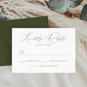Moderne elegante Oliven-grüne Schrift Hochzeit RSVP Karte