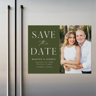 Moderne elegante olivgrüne Foto-Save-the-Date-Kart Magneteinladung