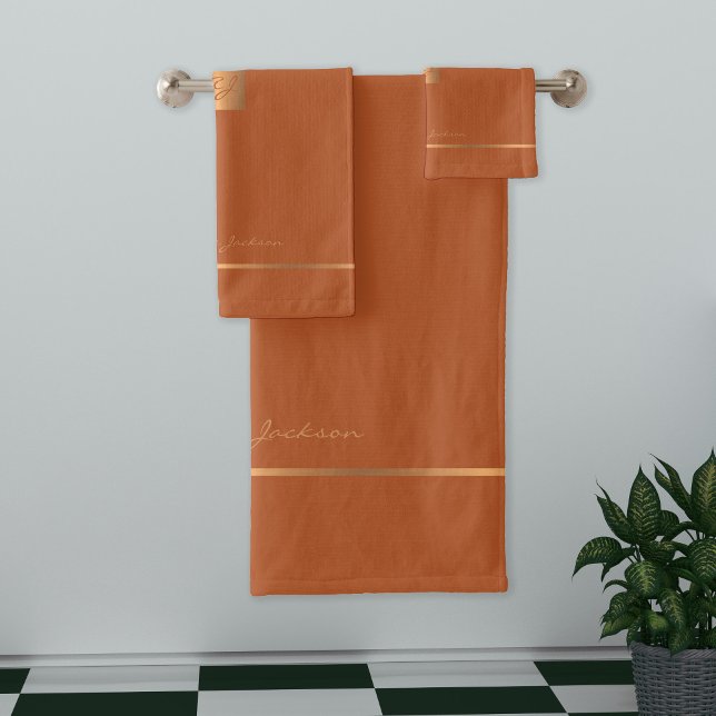 Moderne, elegante, orange mit Monogramm Streifen Badhandtuch Set (Von Creator hochgeladen)