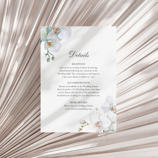 Moderne elegante Orchideen für Hochzeiten Einladung (Modern Elegant White Orchids Wedding Details Invitation on  a sunny white dry palm leaf.)